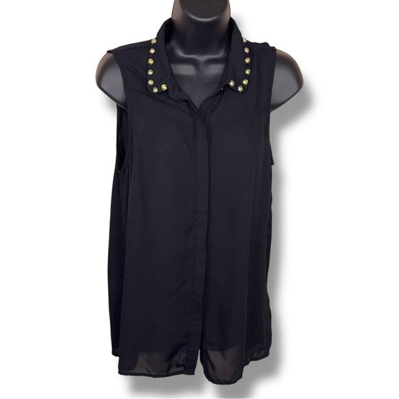 Size 8 Black Sleeveless Blouse With Gem Pearl Collar Accent Divided - Picture 1 of 12
